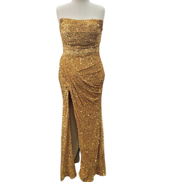 NWT Gold Strapless Sequin Evening Gown with Corset Back and Leg Slit - Picture 1 of 13
